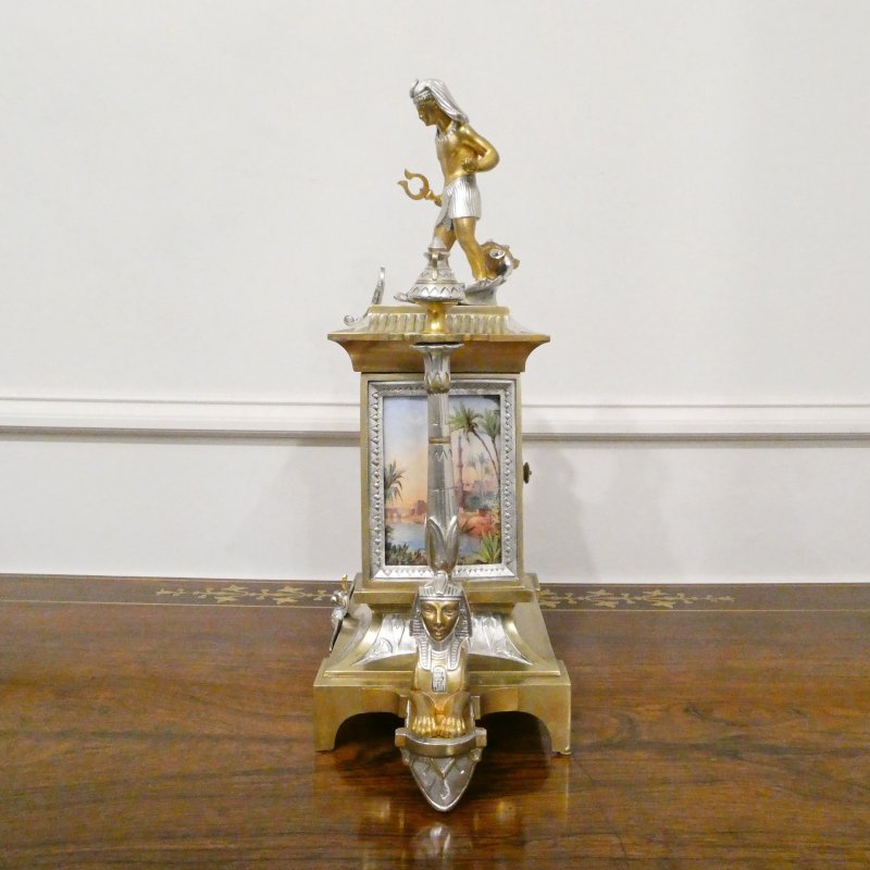 French Egyptian Revival Brass & Silver Gilt Mantel Clock by Richard et Cie - Image 13