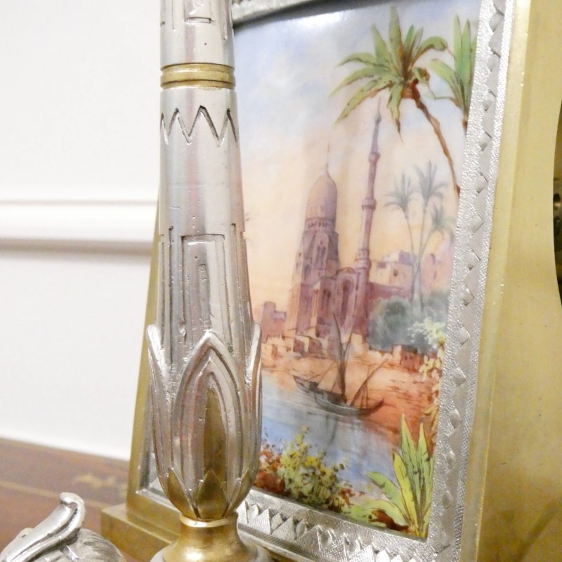 French Egyptian Revival Brass & Silver Gilt Mantel Clock by Richard et Cie - Image 8