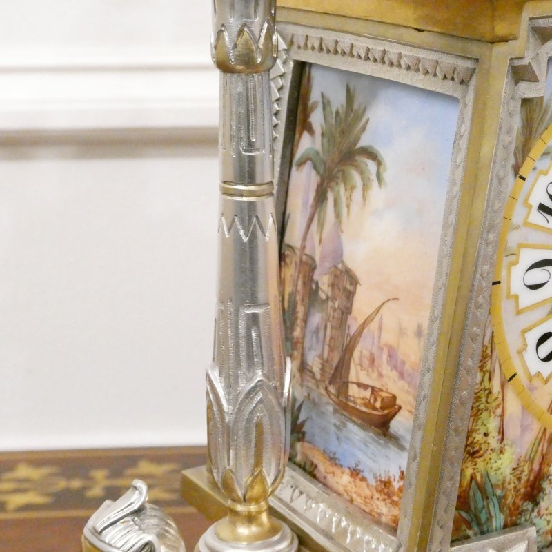 French Egyptian Revival Brass & Silver Gilt Mantel Clock by Richard et Cie - Image 7