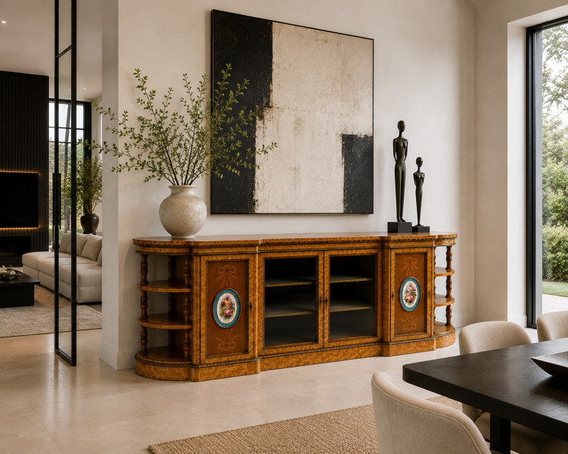 Monumental Extra Large Antique Victorian Satinwood Marquetry Ormolu & Porcelain Display Cabinet Credenza - Image 4