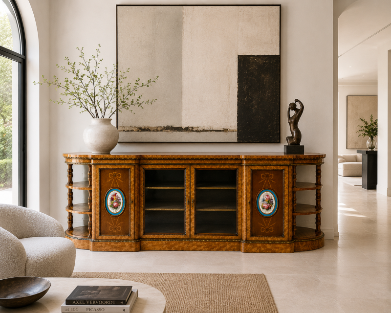 Monumental Extra Large Antique Victorian Satinwood Marquetry Ormolu & Porcelain Display Cabinet Credenza - Image 7