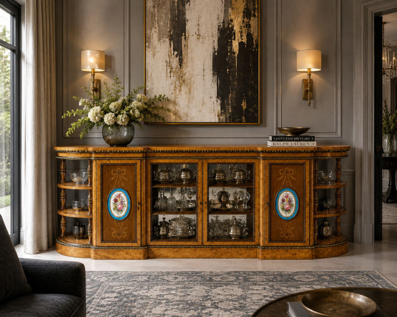 Monumental Extra Large Antique Victorian Satinwood Marquetry Ormolu & Porcelain Display Cabinet Credenza - Image 9