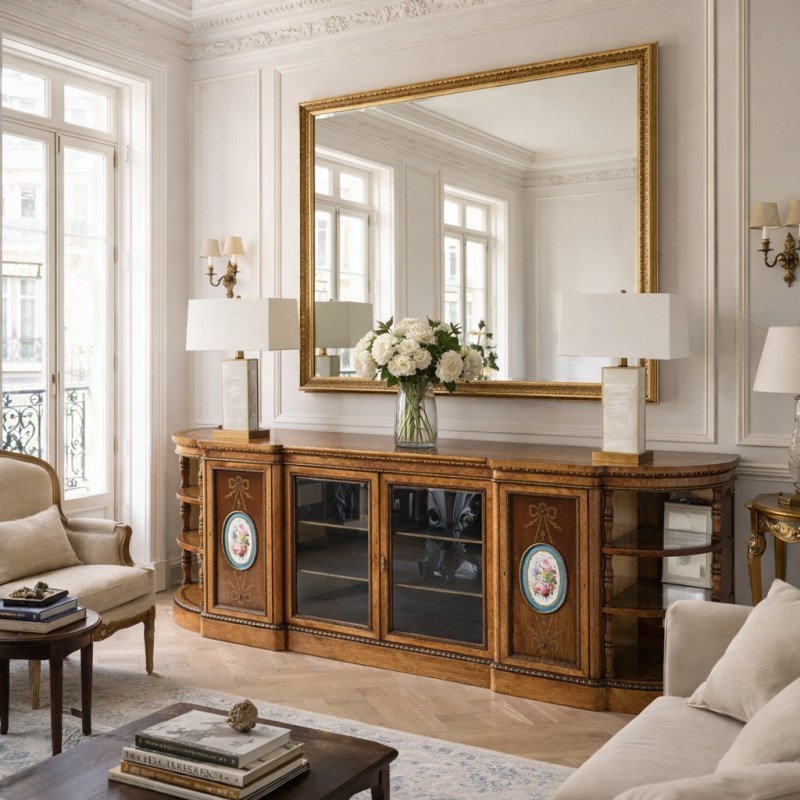 Monumental Extra Large Antique Victorian Satinwood Marquetry Ormolu & Porcelain Display Cabinet Credenza - Image 2