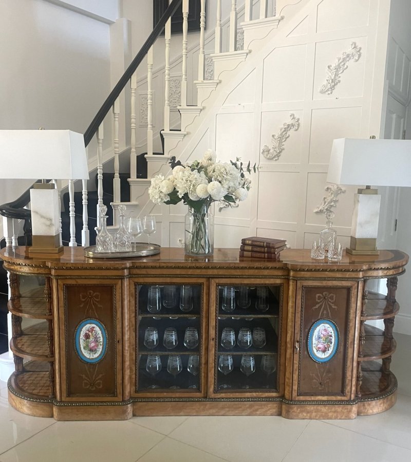 Monumental Extra Large Antique Victorian Satinwood Marquetry Ormolu & Porcelain Display Cabinet Credenza - Image 5