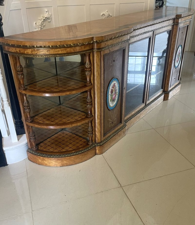 Monumental Extra Large Antique Victorian Satinwood Marquetry Ormolu & Porcelain Display Cabinet Credenza - Image 14