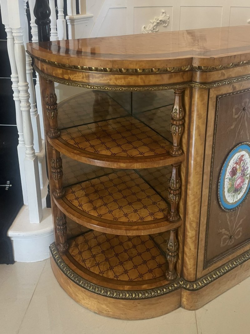 Monumental Extra Large Antique Victorian Satinwood Marquetry Ormolu & Porcelain Display Cabinet Credenza - Image 8
