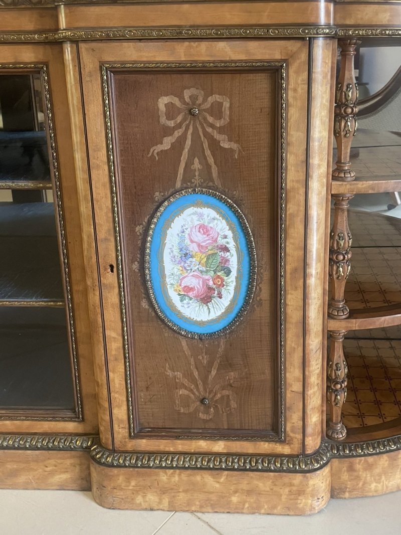 Monumental Extra Large Antique Victorian Satinwood Marquetry Ormolu & Porcelain Display Cabinet Credenza - Image 13