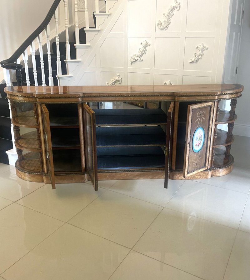 Monumental Extra Large Antique Victorian Satinwood Marquetry Ormolu & Porcelain Display Cabinet Credenza - Image 6