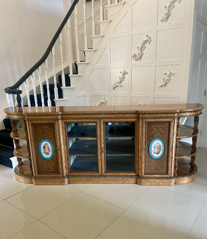 Monumental Extra Large Antique Victorian Satinwood Marquetry Ormolu & Porcelain Display Cabinet Credenza