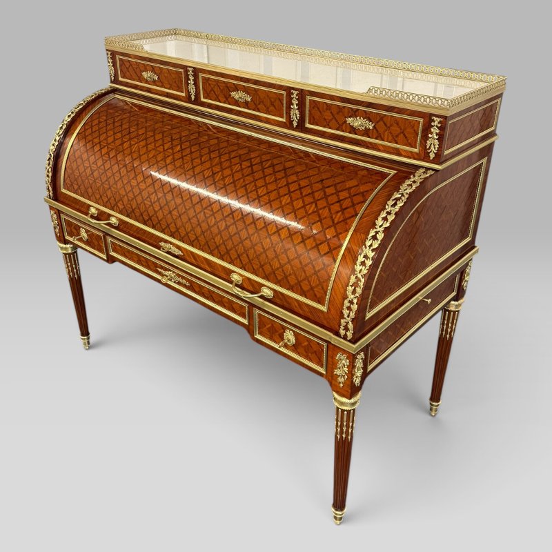 Mid-19th Century French Louis XVI Style Parquetry & Ormolu Cylinder Desk c1869