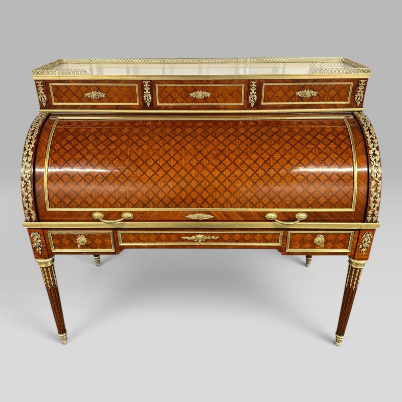 Mid-19th Century French Louis XVI Style Parquetry & Ormolu Cylinder Desk c1869 - Image 2