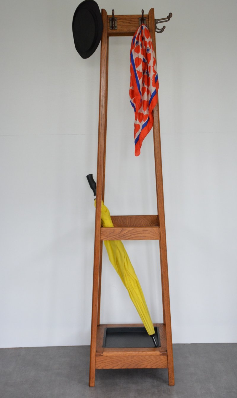 Mid Century Oak Coat Stand With Umbrella Holders And Drip Tray