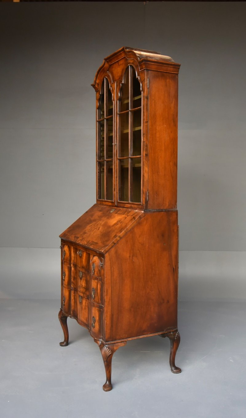 Antique Walnut Queen Anne Style Bureau Bookcase - Image 2