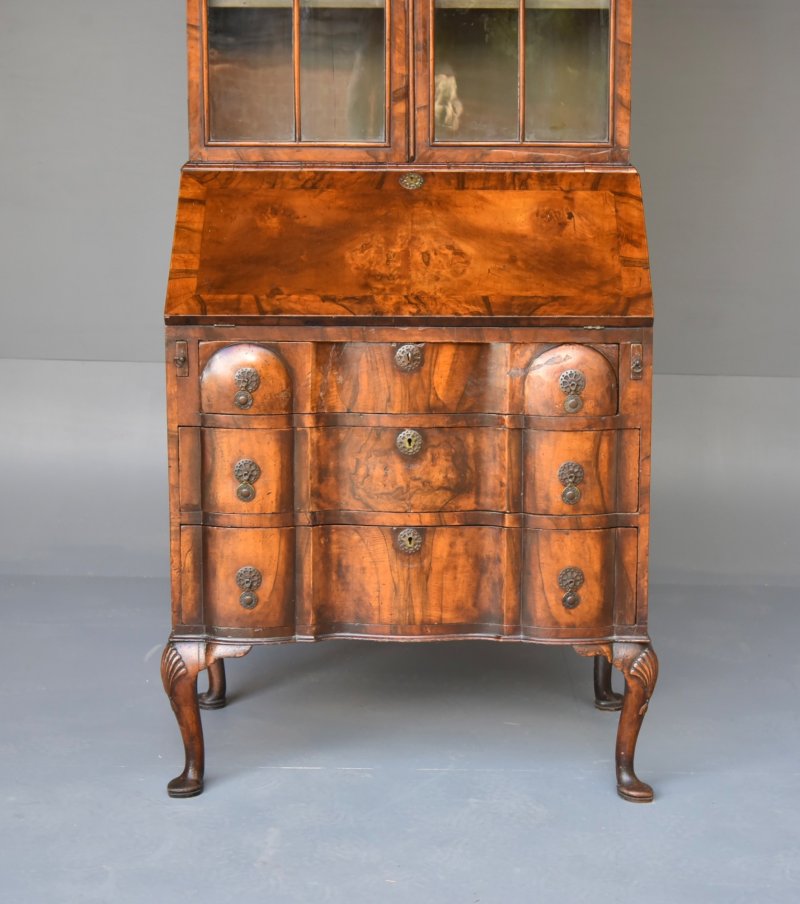 Antique Walnut Queen Anne Style Bureau Bookcase - Image 4