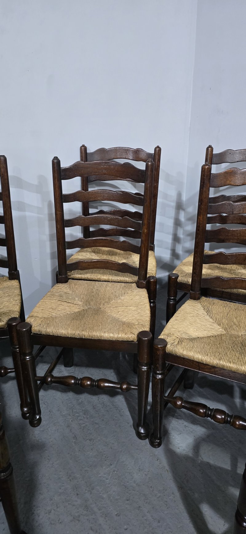 Good Set Eight Oak Ladder Backed Dining Chairs - Image 8
