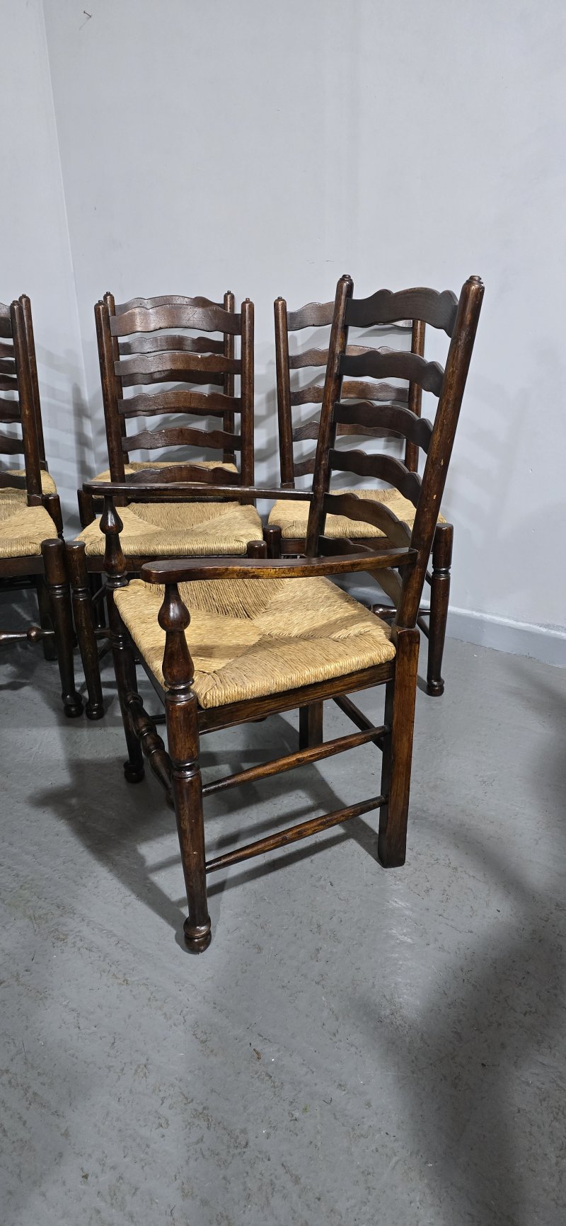 Good Set Eight Oak Ladder Backed Dining Chairs - Image 2