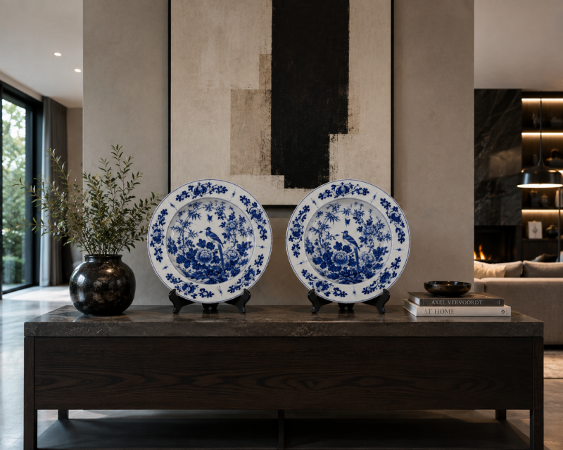 Antique Pair of Large Chinese Blue and White Porcelain Chargers with Qianlong Marks - Image 2