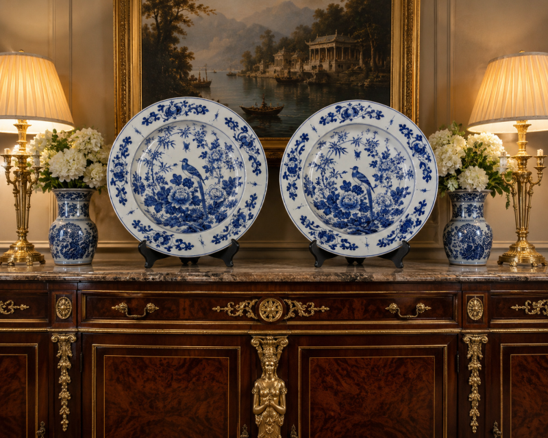 Antique Pair of Large Chinese Blue and White Porcelain Chargers with Qianlong Marks - Image 25