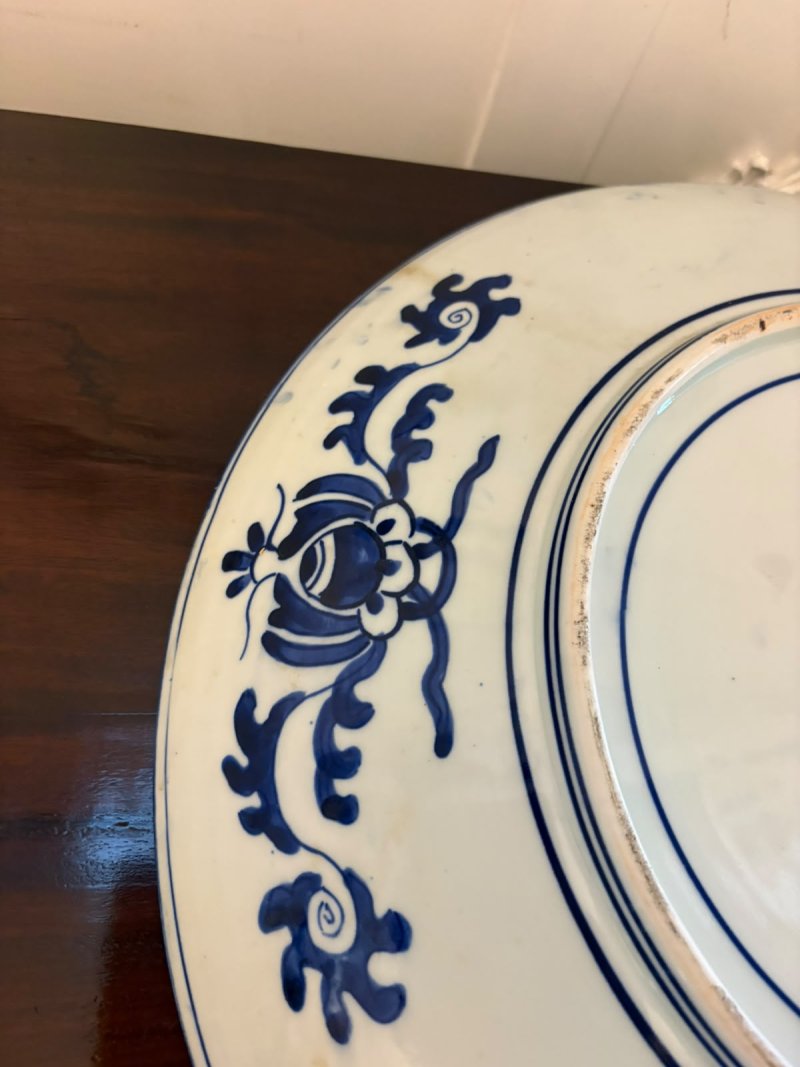Antique Pair of Large Chinese Blue and White Porcelain Chargers with Qianlong Marks - Image 10