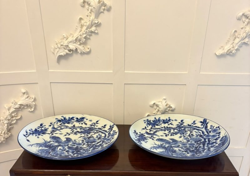 Antique Pair of Large Chinese Blue and White Porcelain Chargers with Qianlong Marks