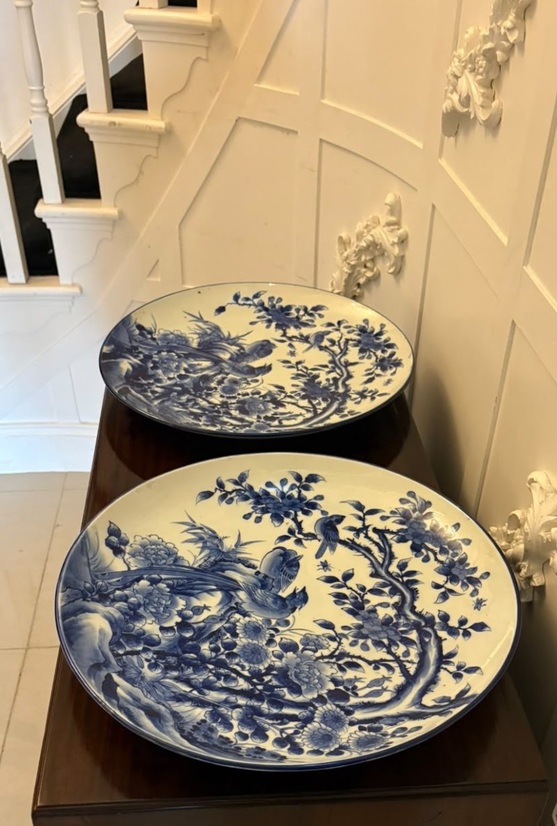Antique Pair of Large Chinese Blue and White Porcelain Chargers with Qianlong Marks - Image 3