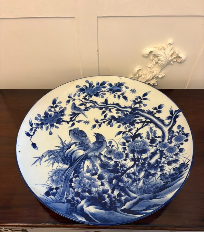 Antique Pair of Large Chinese Blue and White Porcelain Chargers with Qianlong Marks - Image 4