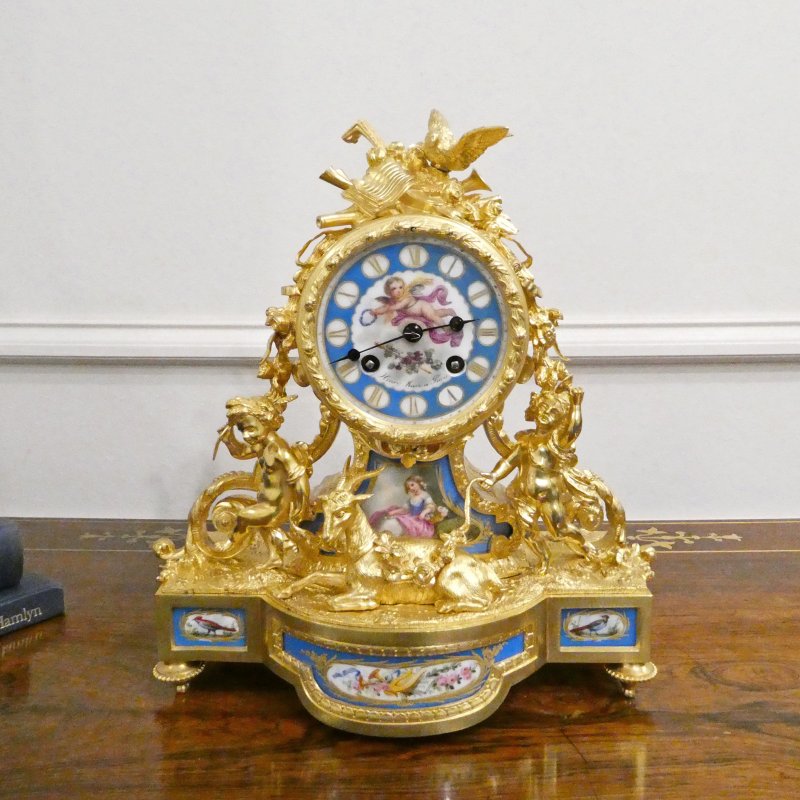 French Louis XV Style Gilt Bronze & Porcelain Mantel Clock by Henry Marc
