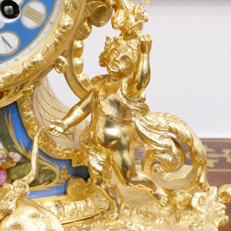 French Louis XV Style Gilt Bronze & Porcelain Mantel Clock by Henry Marc - Image 3