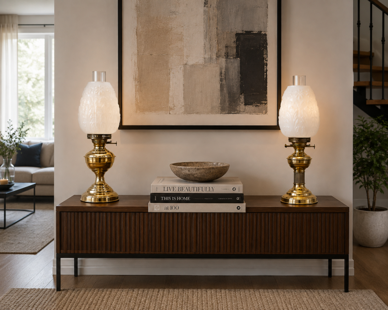 Antique Edwardian Near Pair of Brass Oil Lamps with Opaline Glass Shades - Image 2