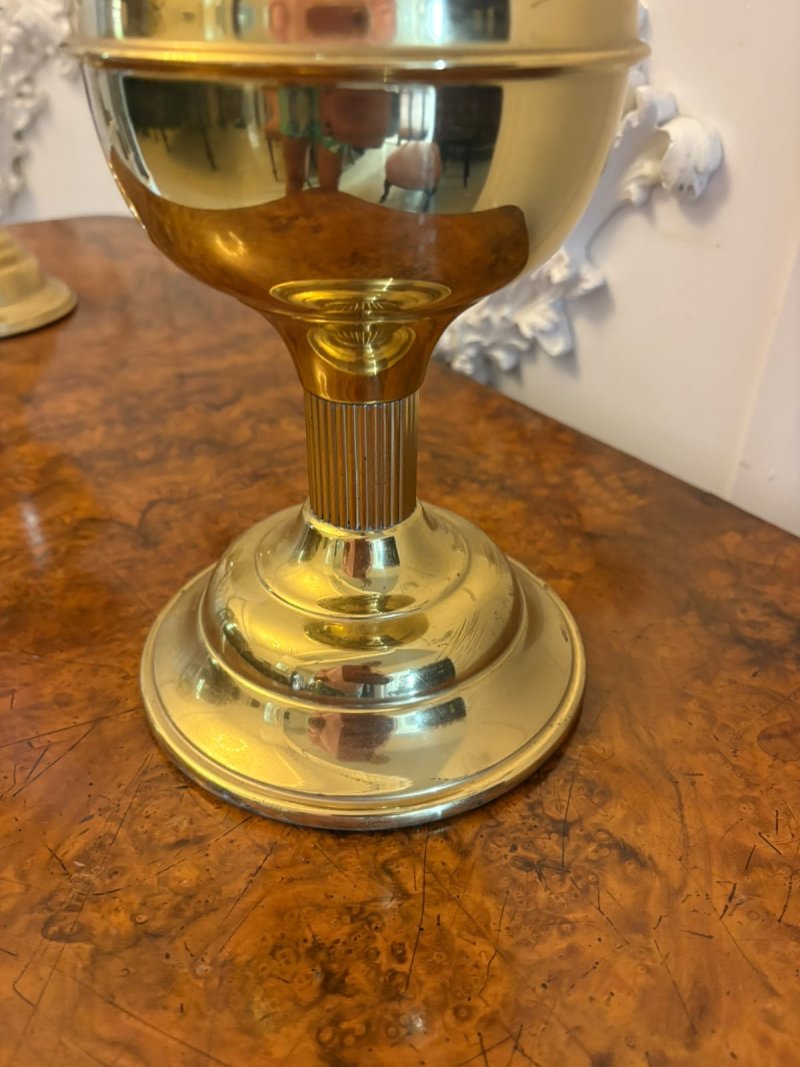 Antique Edwardian Near Pair of Brass Oil Lamps with Opaline Glass Shades - Image 6