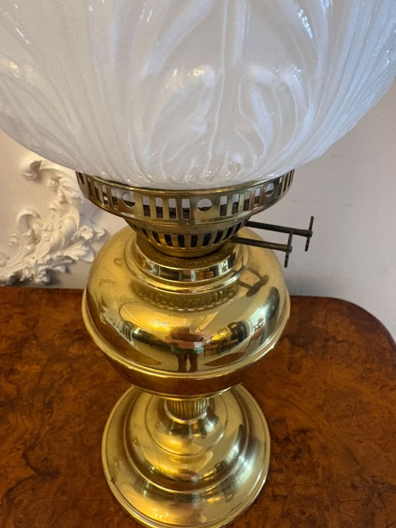 Antique Edwardian Near Pair of Brass Oil Lamps with Opaline Glass Shades - Image 9