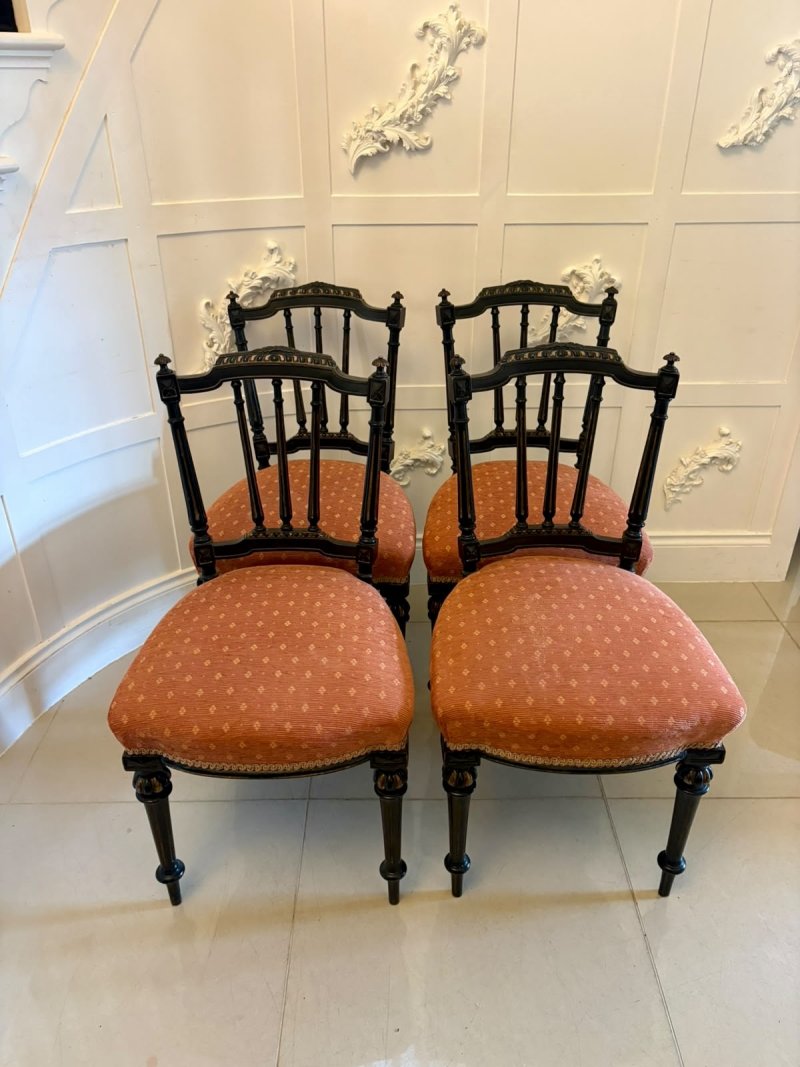 Antique Victorian Set of 4 Ebonised & Gilt Dining Chairs - Image 2