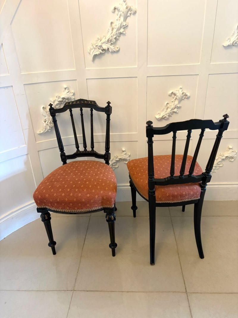 Antique Victorian Set of 4 Ebonised & Gilt Dining Chairs - Image 4