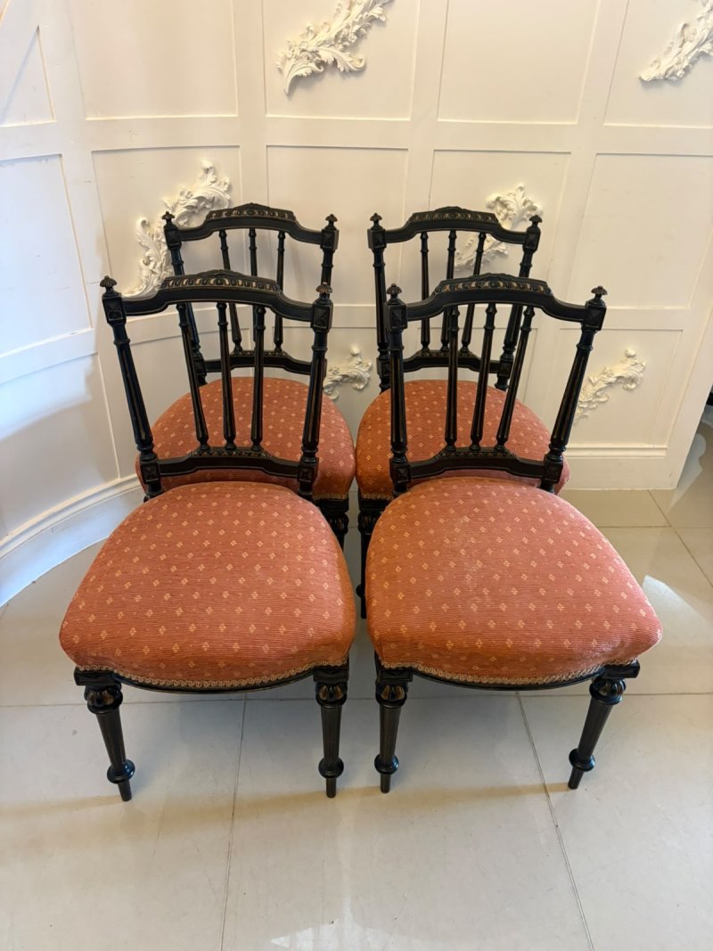 Antique Victorian Set of 4 Ebonised & Gilt Dining Chairs - Image 3