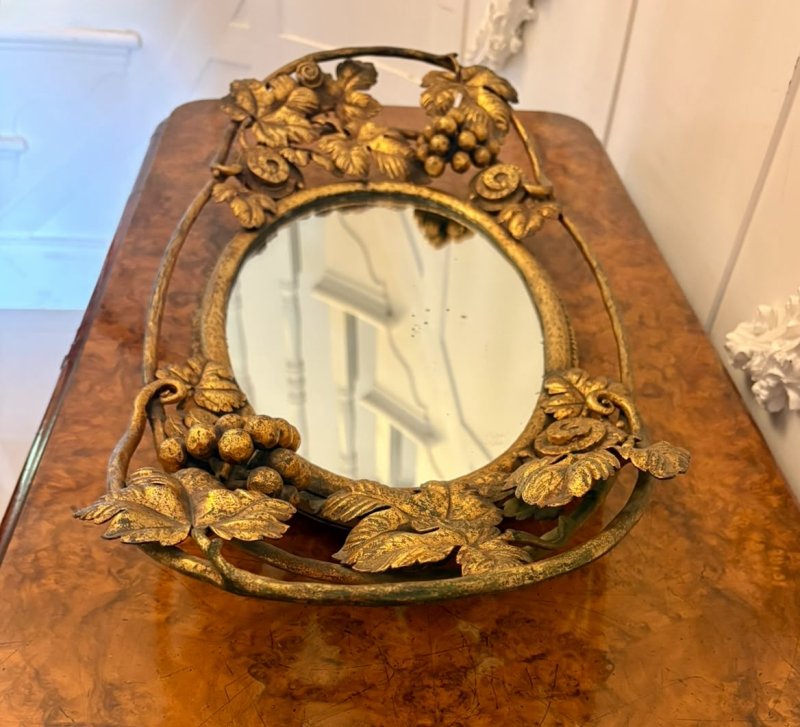 Antique Edwardian Gilt Metal Mirrored Grape Vine Drinks Serving Tray - Image 3