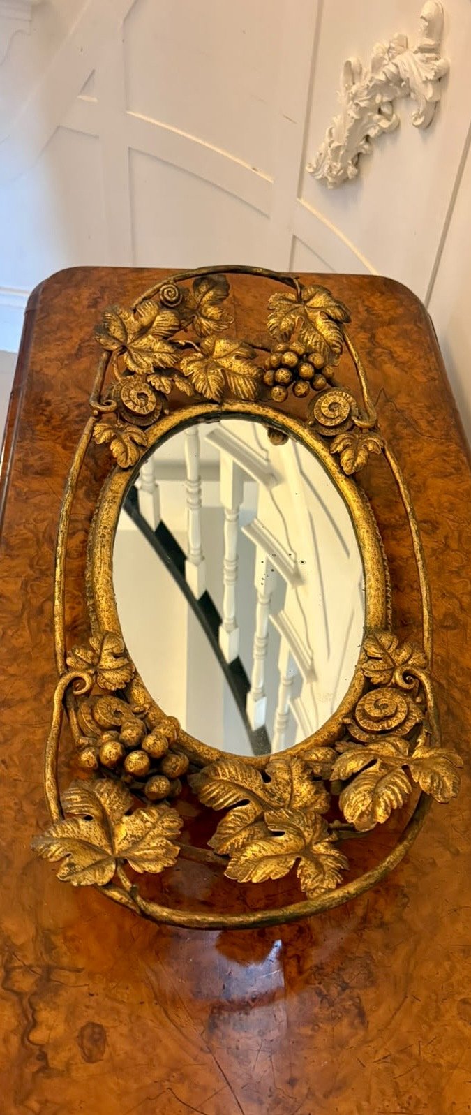 Antique Edwardian Gilt Metal Mirrored Grape Vine Drinks Serving Tray - Image 2