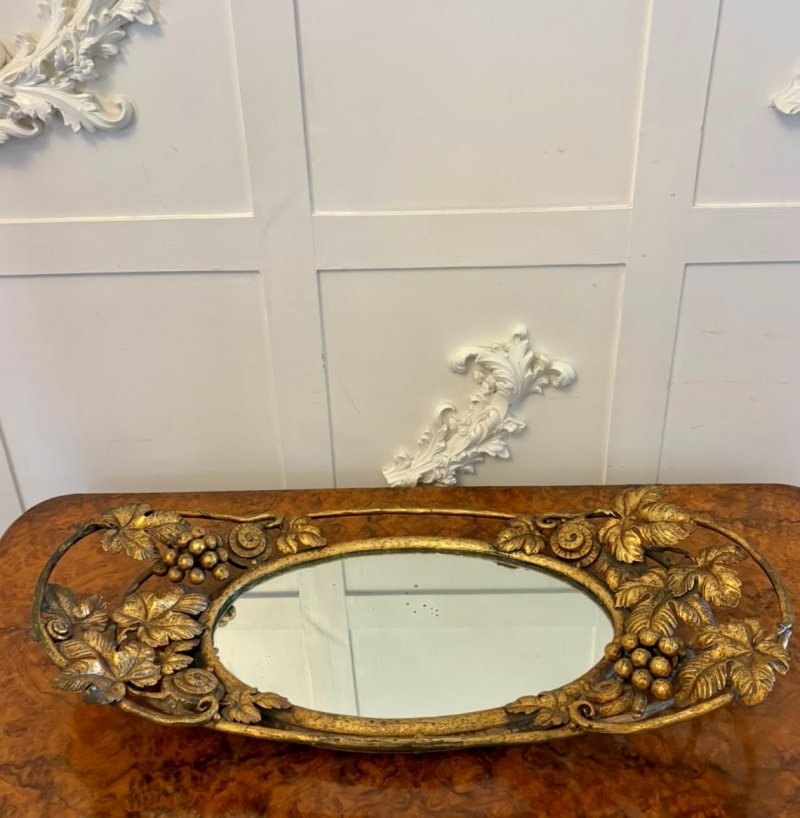 Antique Edwardian Gilt Metal Mirrored Grape Vine Drinks Serving Tray