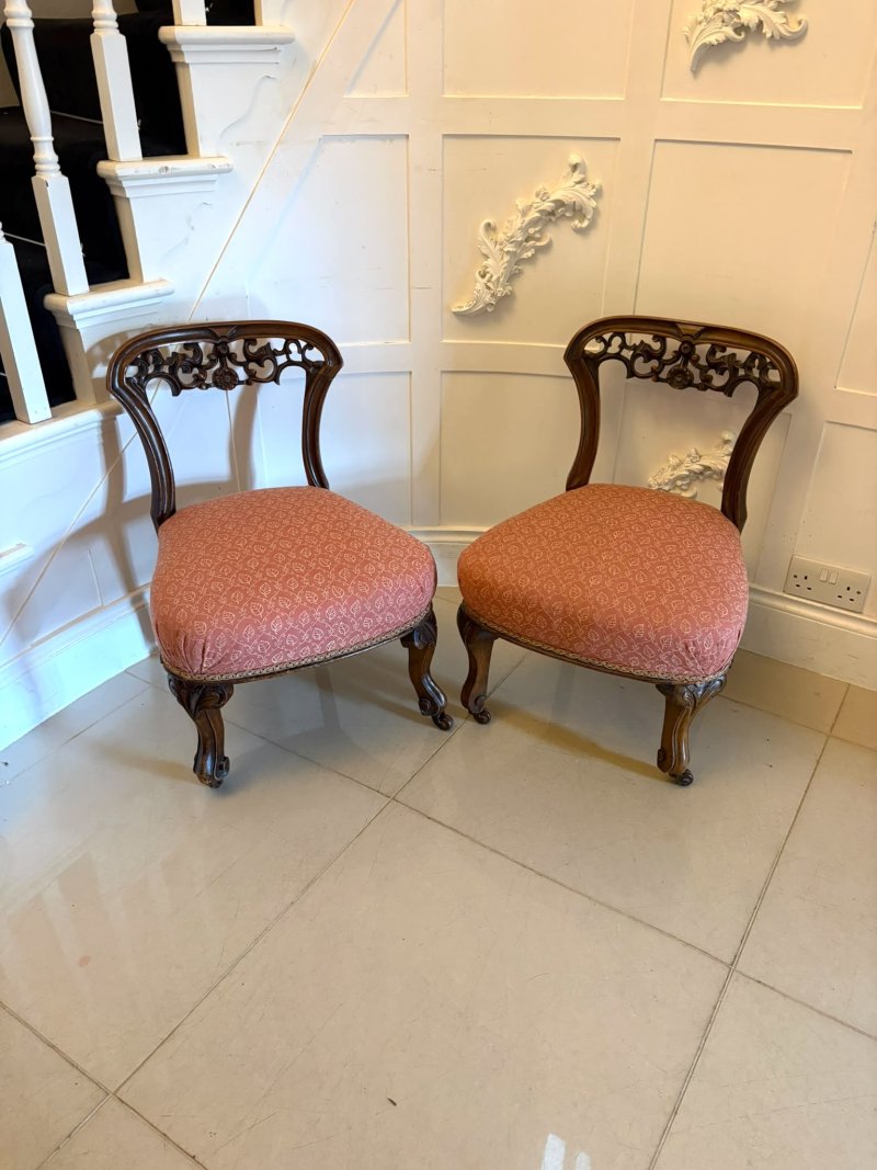 Antique Pair Victorian Carved Walnut Side Chairs