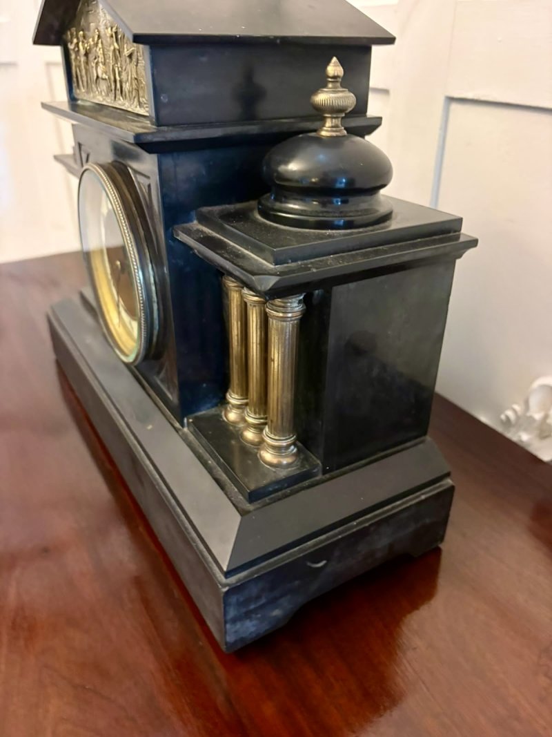 Antique French Black Marble & Gilt Brass Architectural Mantel Clock - Image 9