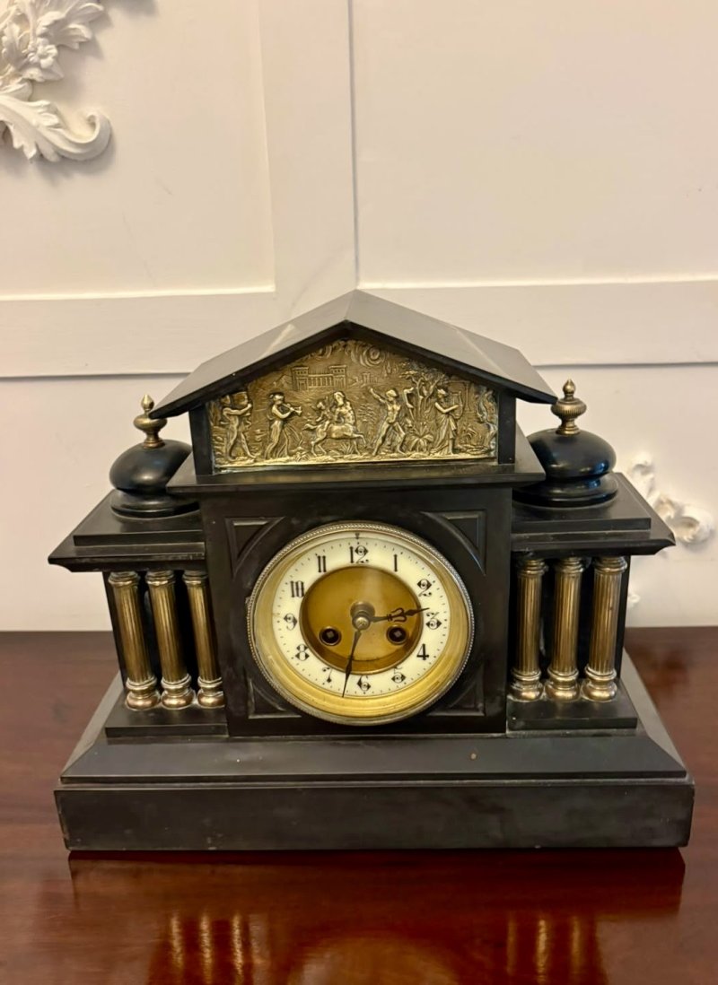 Antique French Black Marble & Gilt Brass Architectural Mantel Clock