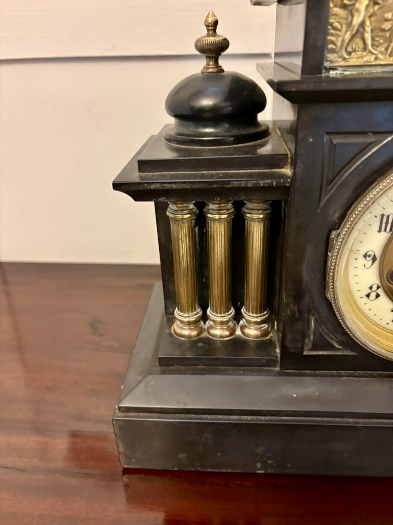 Antique French Black Marble & Gilt Brass Architectural Mantel Clock - Image 11