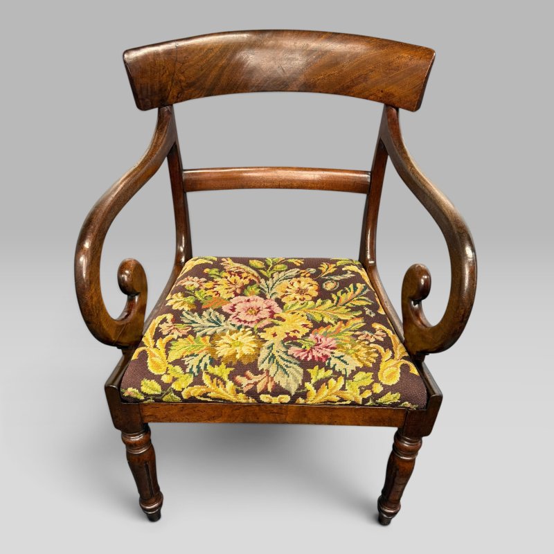Antique William IV Mahogany Elbow Armchair with Floral Upholstered Seat - Image 7