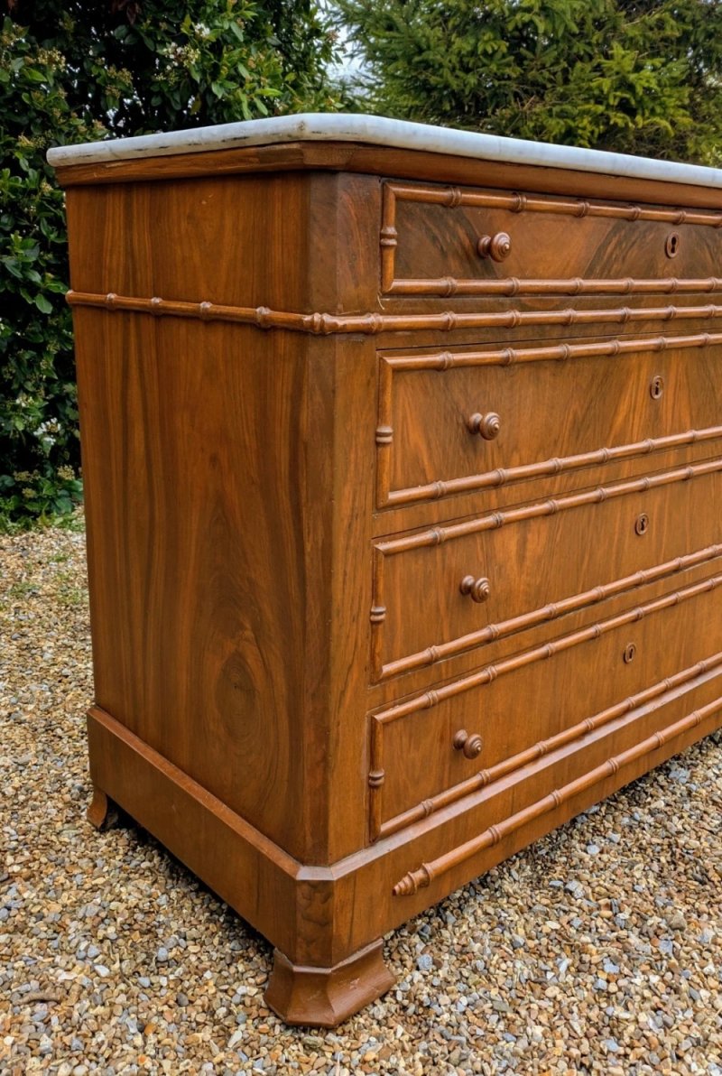 Elegant 19th Century French Walnut Faux Bamboo Commode Chest - Image 3