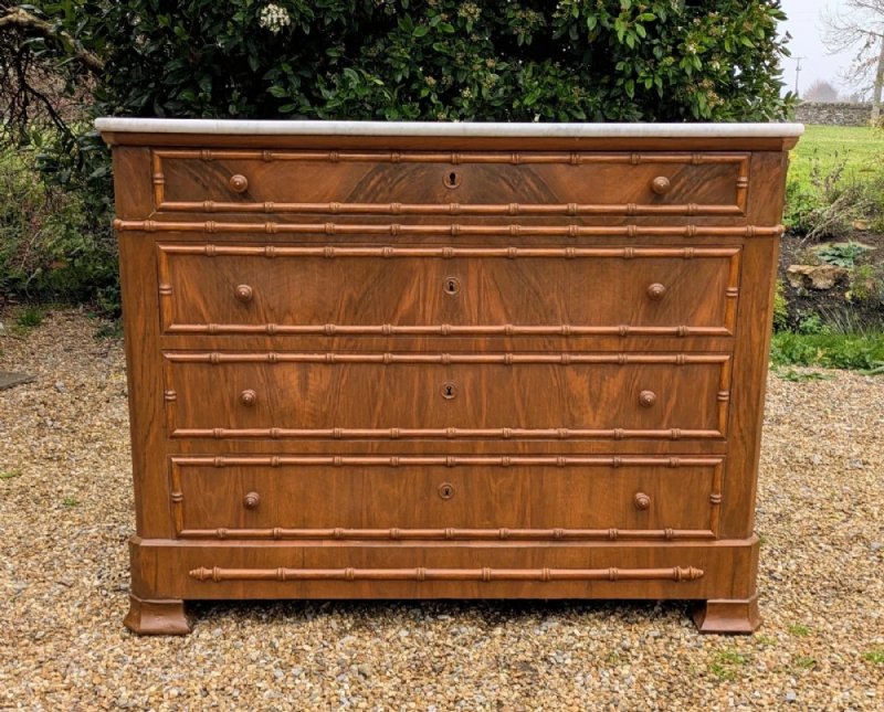 Elegant 19th Century French Walnut Faux Bamboo Commode Chest - Image 6