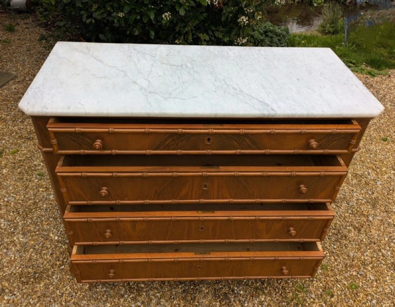 Elegant 19th Century French Walnut Faux Bamboo Commode Chest - Image 7