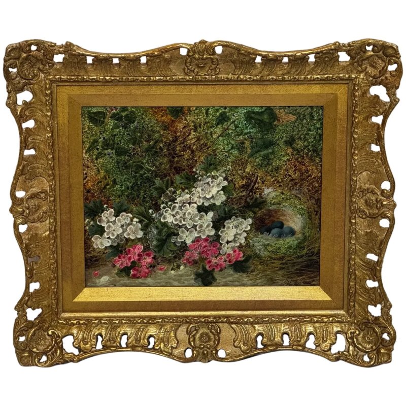 Victorian Oliver Clare Oil Painting – A Hidden Bird’s Nest Among Blossom