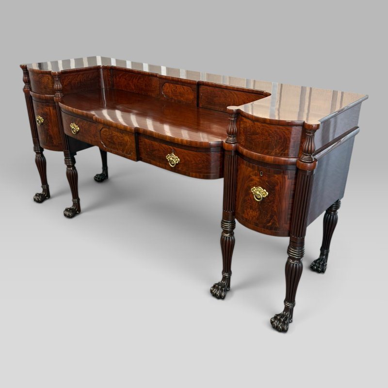 Antique Regency Inlaid Flame Mahogany Sideboard with Six Lion Paw Feet