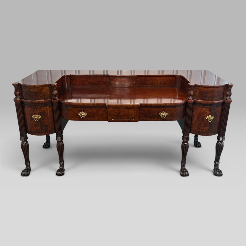 Antique Regency Inlaid Flame Mahogany Sideboard with Six Lion Paw Feet - Image 2
