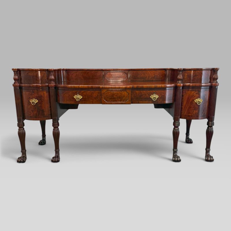 Antique Regency Inlaid Flame Mahogany Sideboard with Six Lion Paw Feet - Image 4