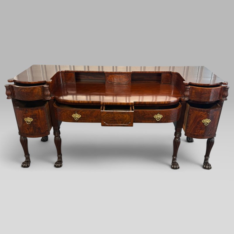 Antique Regency Inlaid Flame Mahogany Sideboard with Six Lion Paw Feet - Image 5